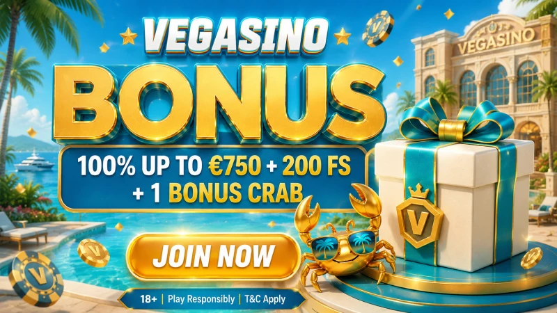 Bonus de bienvenue Vegasino Casino jusqu'à 500 euros et 200 tours gratuits